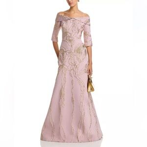 Teri Jon By Rickie Freeman Jacquard Folded Off-The-Shoulder Elbow Sleeve Gown 8